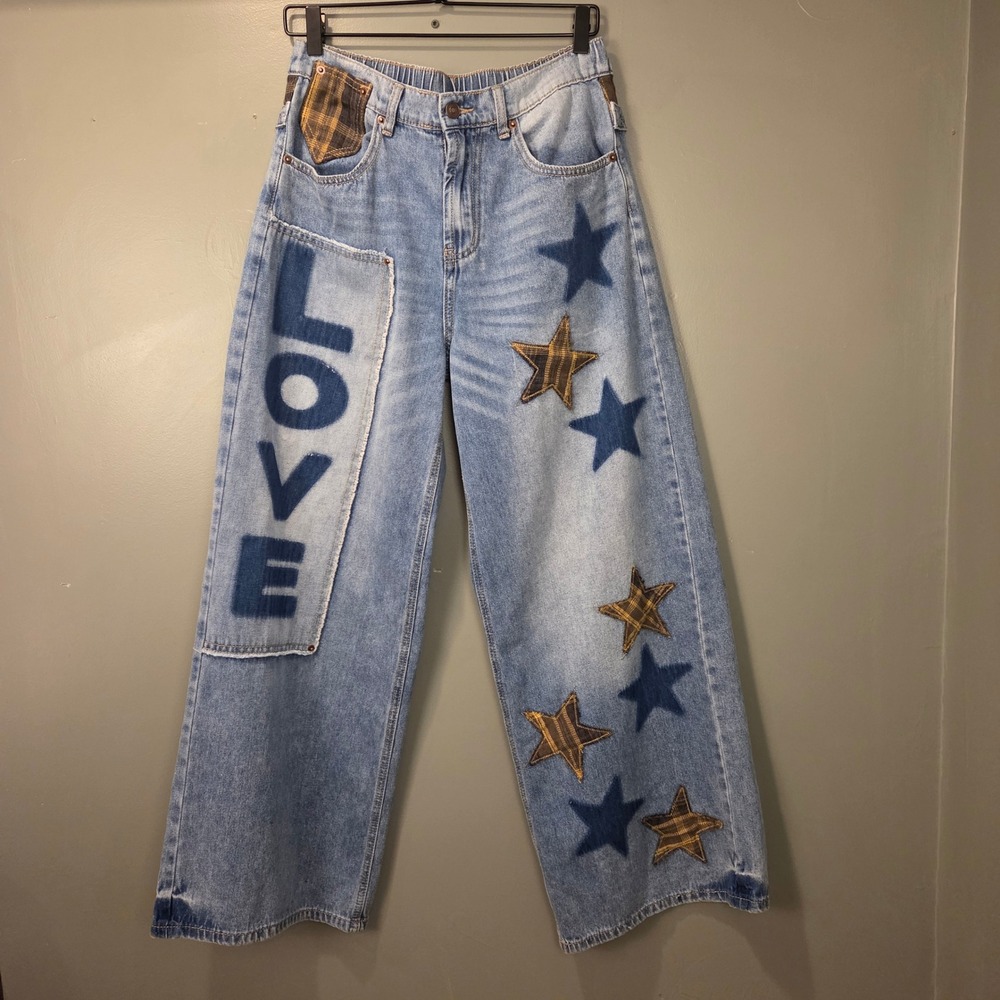 Oli & Hali Women's Love + Stars Patchwork Wide Leg Jeans Size S